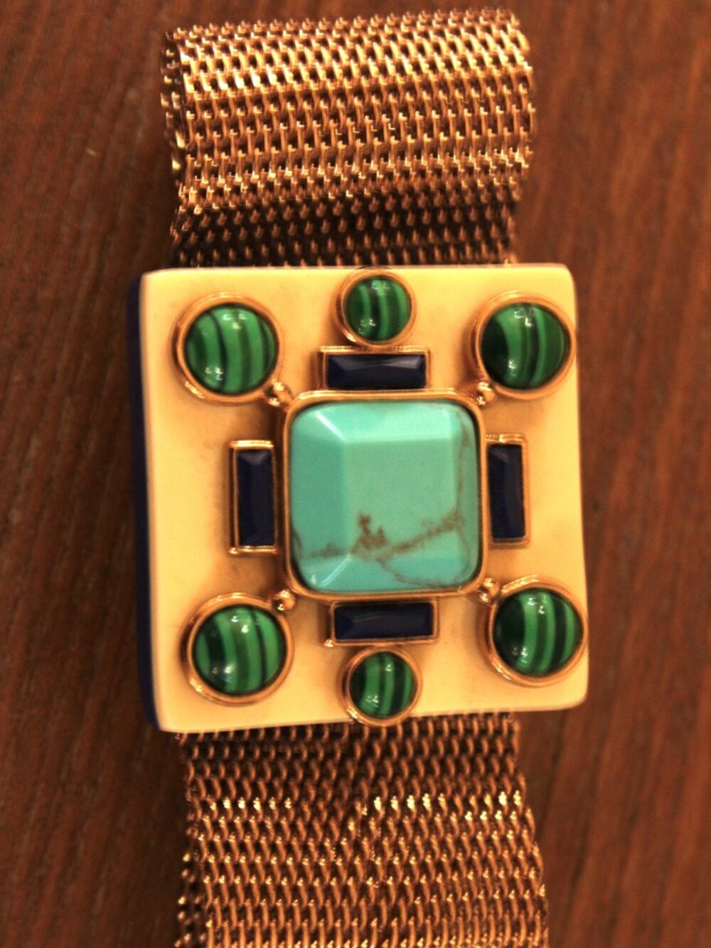 Tory Burch Vintage-Style Gold Mesh Bracelet | Turquoise Green Navy Statement Cuf